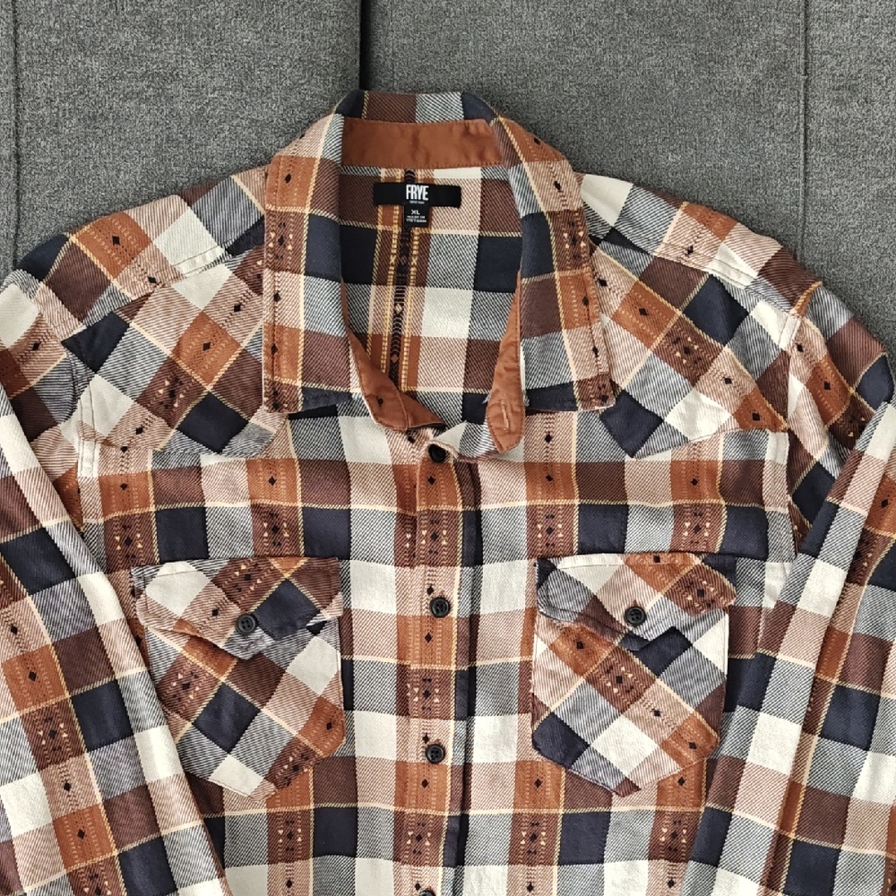 Frye Men's Brown and Blue Plaid Button-Down Shirt